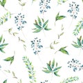 Exotic natural vintage watercolor seamless pattern of green leav
