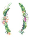 Exotic natural vintage watercolor wreath of banana leaves.