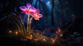 An exotic neon orchid in a lush, otherworldly forest, emitting an enchanting, surreal light