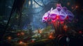 An exotic neon orchid in a lush, otherworldly forest, emitting an enchanting, surreal light