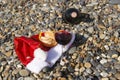 Exotic new year and Christmas at sea. Bottle and drinking glasses on sea beach
