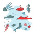 Exotic ocean fauna and ships vector illustrations set