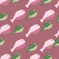 Exotic ocean seamless pattern with doodle puffer fish ornament. Pink pale background. Simple design