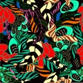 Exotic ornamental pattern with abstract colorful leaves and fruits