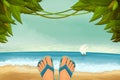 Exotic panorama landscape with male feet in slippers