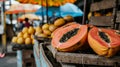 Exotic papayas in tropical market stall with vibrant umbrellas and palm leaves for vacation vibes