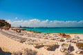 Many sun loungers on the beach. Cancun. Mexico Royalty Free Stock Photo