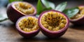 Exotic passion fruit halves on natural background. Royalty Free Stock Photo