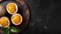 Exotic Passion Fruit Slices On Black Background - High-quality Stock Photo