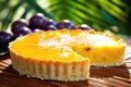 an exotic passionfruit tart against a tropical leaf background