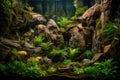 exotic pet habitat with waterfall, lush vegetation and natural colors