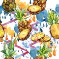 Exotic pineapple wild fruit in a watercolor style pattern. Royalty Free Stock Photo
