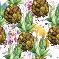 Exotic pineapple wild fruit in a watercolor style pattern. Royalty Free Stock Photo