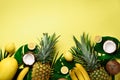 Exotic pineapples, ripe coconuts, banana, melon, lemon, tropical palm and green monstera leaves on yellow background