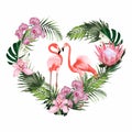 Exotic pink flamingo birds couple with leaves and flowers. Beal to beak. Heart shape. Mating season. Royalty Free Stock Photo