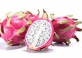 Exotic pitaya dragon fruits on white background.Macro.AI Generative