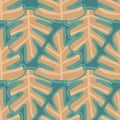 Exotic plant leaves on green background. Doodle leaf seamless pattern. Endless botanical texture. Hand drawn foliage vector Royalty Free Stock Photo