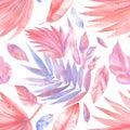 Exotic plants. Watercolor pink, lilac, coral tropical leaves, Seamless patterns