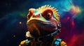 An exotic portrait of an anthropomorphic chameleon, colorfully floating in space