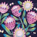 Exotic protea flowers and butterflies, beautiful illustration