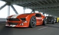 Exotic race car high speed showdown over a city bridge.Generic vehicles. Royalty Free Stock Photo