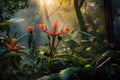 exotic rainforest flowers opening up at sunrise
