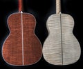 Exotic, rare and figured wood on the backs of acoustic guitars - flamed maple figured tiger mahogany