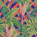 Tropical leaves seamless pattern coral blue background