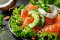 Exotic Salad with Smoked Salmon, Avocado and Coconut Closeup, Raw Sliced Red Fish Salat