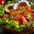 Exotic Salad with Smoked Salmon, Avocado and Coconut Closeup, Raw Sliced Red Fish Salat