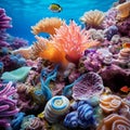 Exotic sea creatures and vibrant corals swim in a deep blue aquarium tank, AI-generated.
