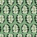 Exotic seamless hawaii pattern with simple monstera shapes ornament. Pastel foliage print in green tones. Floral artwork