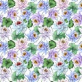 Exotic seamless pattern. Beautiful lotus flowers with green leaves on white background. Hand drawn illustration. Royalty Free Stock Photo