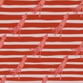 Exotic seamless pattern with cartoon cute pink squid silhouettes. Red and grey striped background