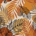 Exotic seamless pattern: line art palm leaves silhouettes, geometric shapes Royalty Free Stock Photo