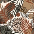 Exotic seamless pattern: line art palm leaves silhouettes, geometric shapes Royalty Free Stock Photo