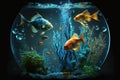 Exotic small fish in an aquarium with corals and algae in blue water on a dark won. AI generated Royalty Free Stock Photo