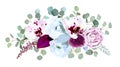 Exotic speckled orchid, anthurium, purple rose, anemone, eucalyptus
