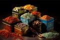 exotic spice mixtures in decorative metal boxes