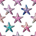 Exotic starfishes colorful seamless pattern. Watercolor imitation.