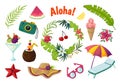 Exotic stickers. Summer party tropical collection of doodle fruits leaves cocktail flamingo, jungle vacation abstract