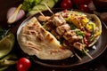 Exotic still slife with pita, fresh vegetables and kebab over wooden background, shallow depth of field.