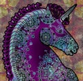 Exotic stylized profile unicorn head colored design shabby background