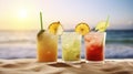 Exotic Summer Drinks with a Sandy Beach Backdrop. Generative AI Royalty Free Stock Photo