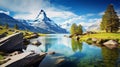 Exotic summer scene of Stellisee lake. Superb morning view of Matterhorn in Swiss Alps, Zermatt location,