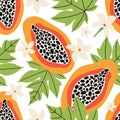 Exotic summer seamless pattern. Orange papaya on a white background. Tropical sweet fruit cut into slices, flowers, leaves, pulp,