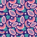 Exotic summer seamless pattern of pink papaya on a dark blue background. Tropical sweet fruit cut into slices, flowers Royalty Free Stock Photo