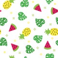 Exotic summer seamless pattern with watermelon and pineapple and white background