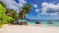 Exotic Sunny beach and coconut palms on Beau Vallon beach, Seychelles. Royalty Free Stock Photo