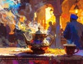 Exotic Tea Ceremony with Steaming Pot and Cup in a Vibrant Middle Eastern Market Setting Royalty Free Stock Photo